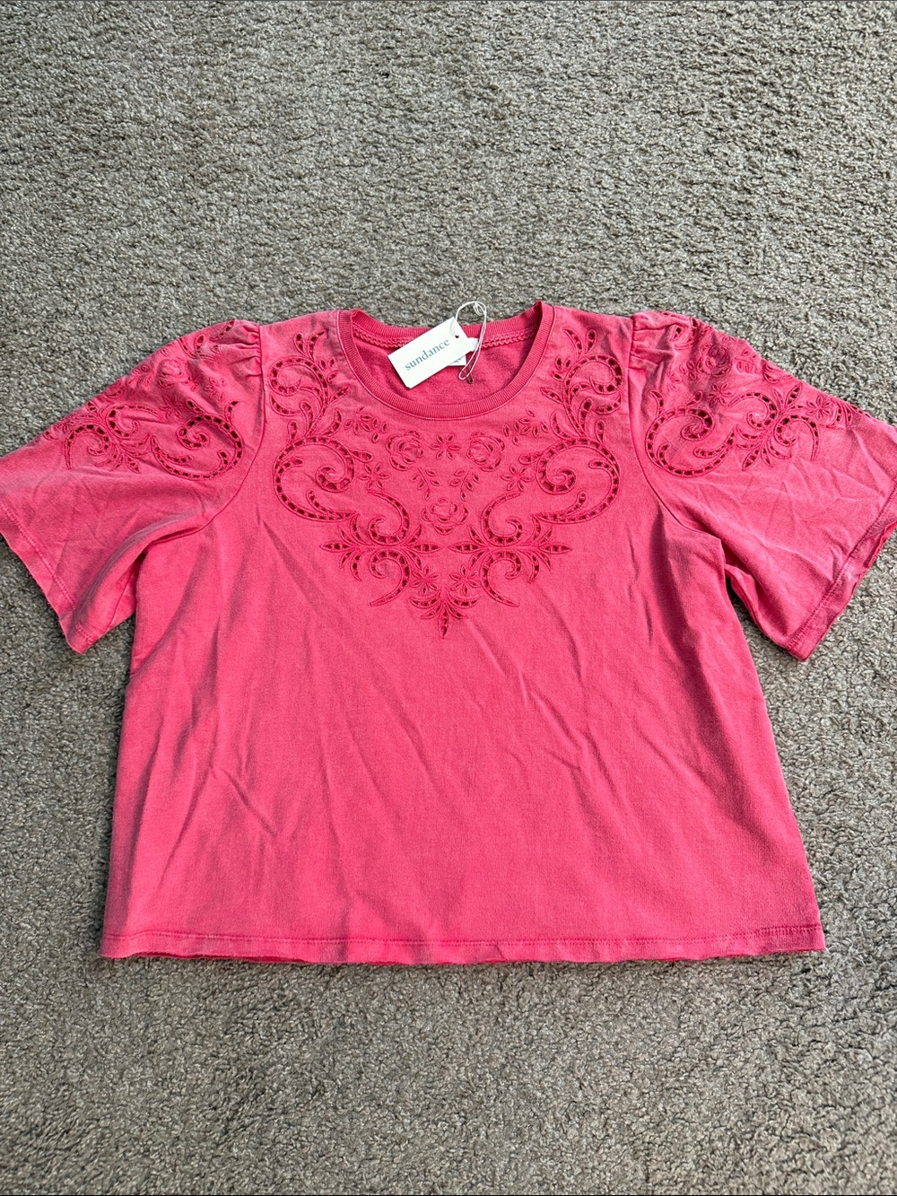 Sundance Coral Pink Short Sleeve Embroidered Cutout Tee